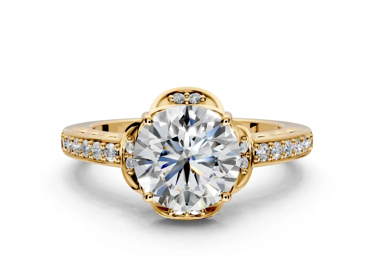 Floral Engagement Ring Setting for Round Cut Center with Four Accent Clusters and Prong Head in Yellow Gold