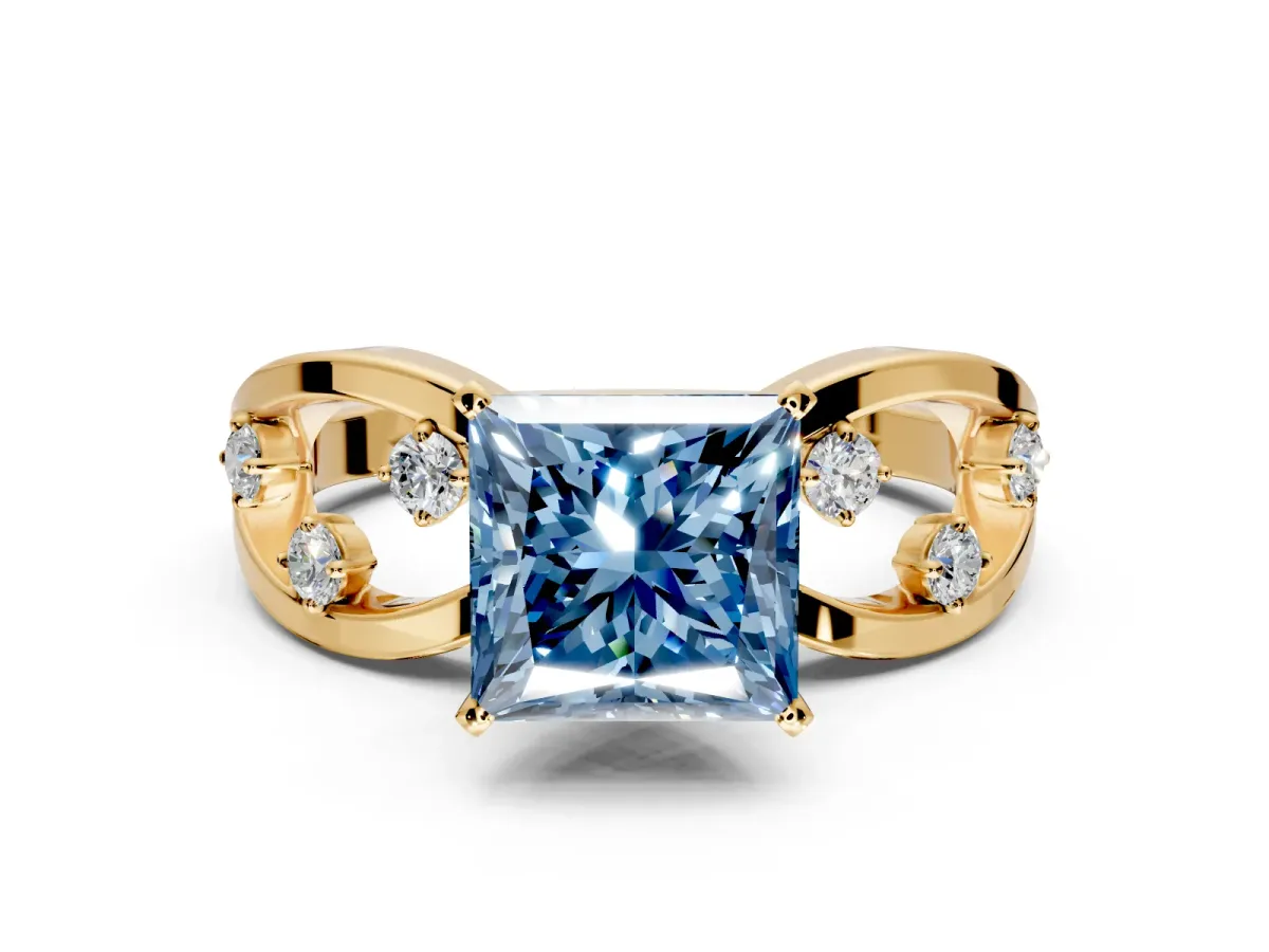 Solitaire Engagement Ring Setting for Fancy Blue Princess Cut Center with Criss-Cross Accent Band and Prong Head in Yellow Gold