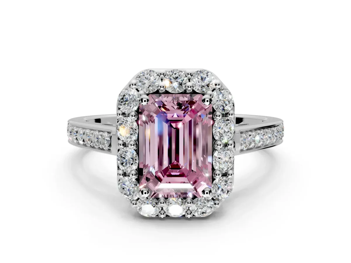 Floral Halo Engagement Ring Setting for Fancy Pink Emerald Cut Center with Large Halo Accents and Prong Head in Sterling Silver