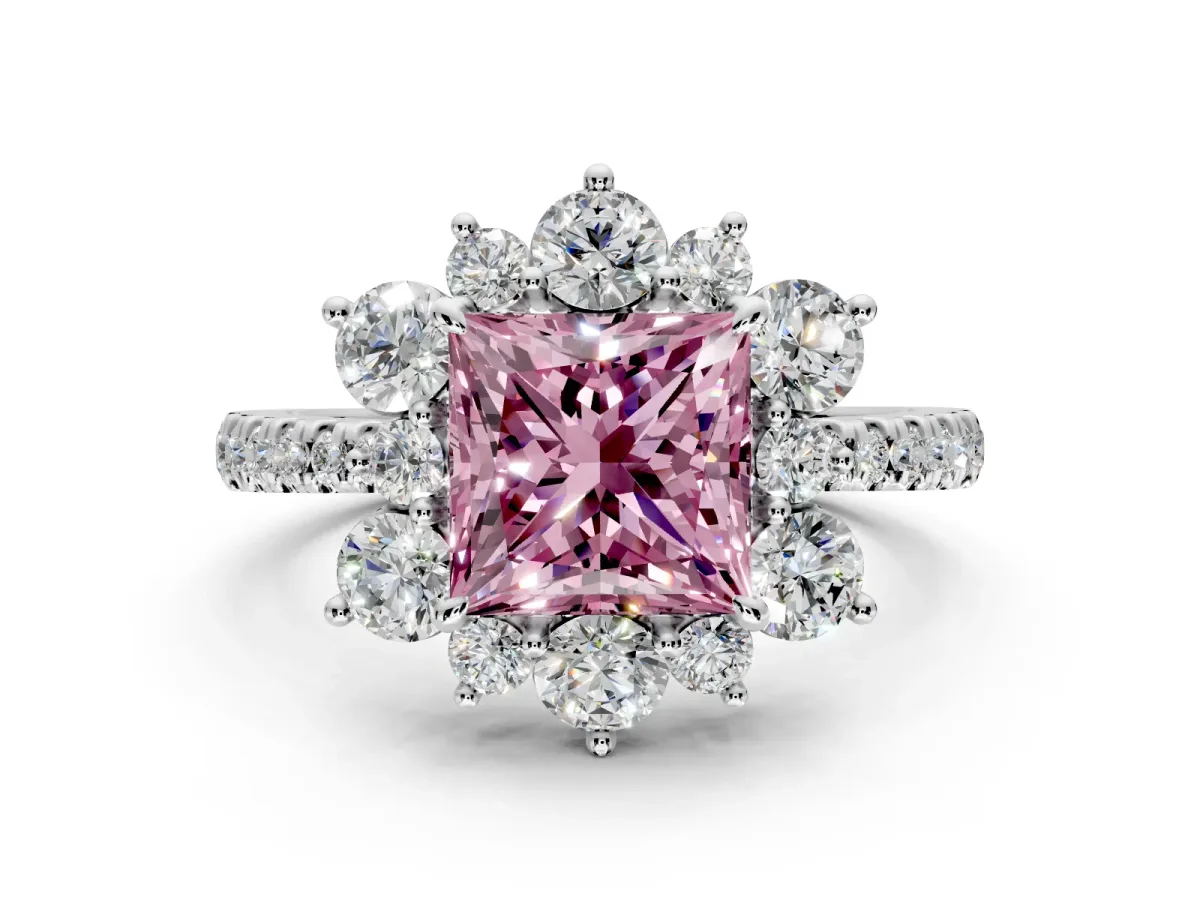 Floral Halo Engagement Ring Setting for Fancy Pink Princess Cut Center with Pave Accents and Prong Head in White Gold