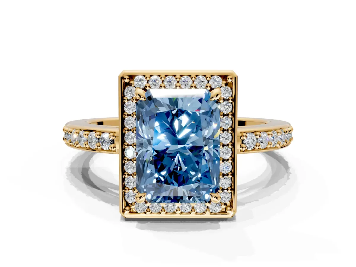 Halo Engagement Ring Setting for Fancy Blue Radiant Cut Center with Metal-Rimmed Halo, Pave Band and Prong Head in Yellow Gold
