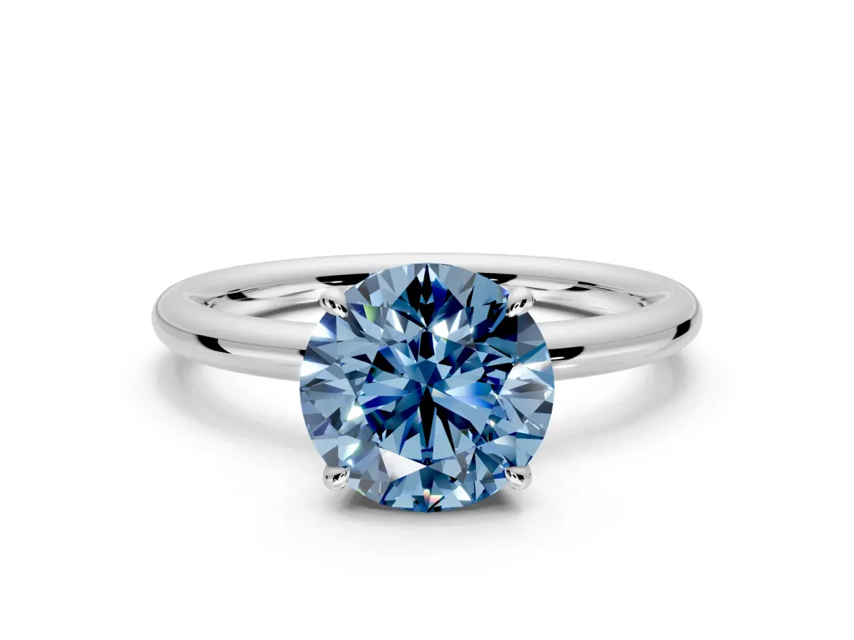 Hidden Halo Engagement Ring Setting for Fancy Blue Round Cut Center with Thin Rounded Band and Prong Head in Platinum