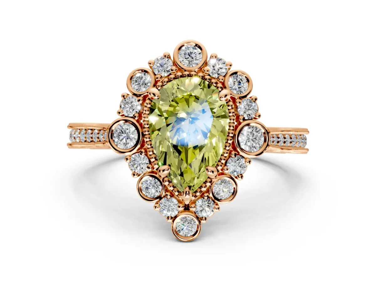 Milgrain Halo Engagement Ring Setting for Fancy Yellow Pear-Shaped Center with Bezel Point Accents and Prong Head in Rose Gold