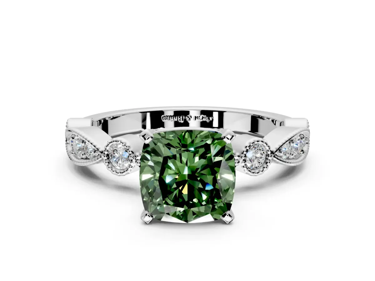 Solitaire Engagement Ring Setting for Fancy Green Cushion Cut Center with Milgrain Bezel Accents and Prong Head in White Gold