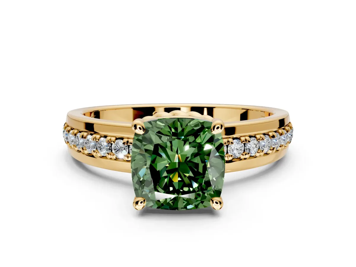 Solitaire Engagement Ring Setting for Fancy Green Cushion Cut Center with Raised Channel Band and Prong Head in Yellow Gold