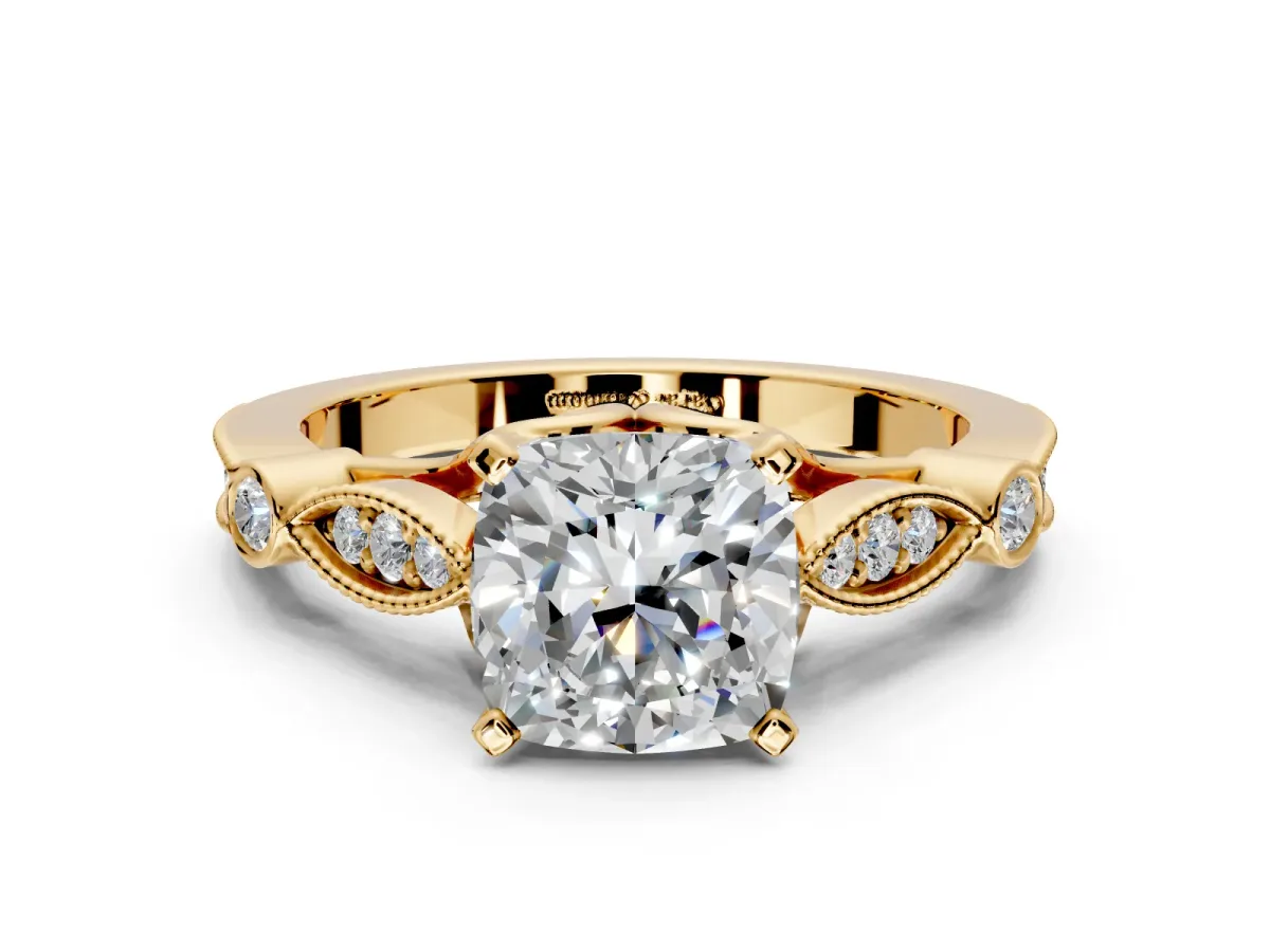 Solitaire Engagement Ring Setting for Cushion Cut Center with Marquise and Bezel Accents and Prong Head in Yellow Gold