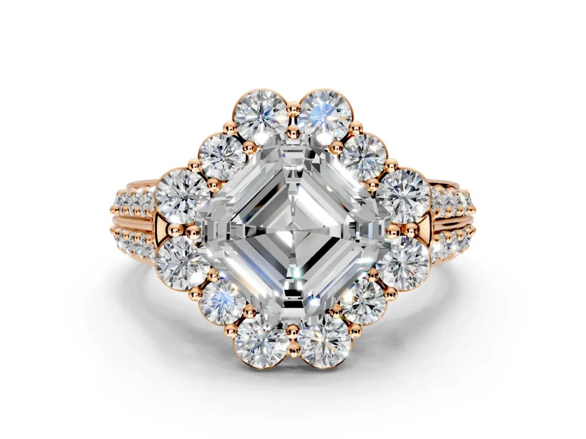 Large Accent Halo Engagement Ring Setting for Asscher Cut Center with Pave Split Shank and Prong Head in Rose Gold