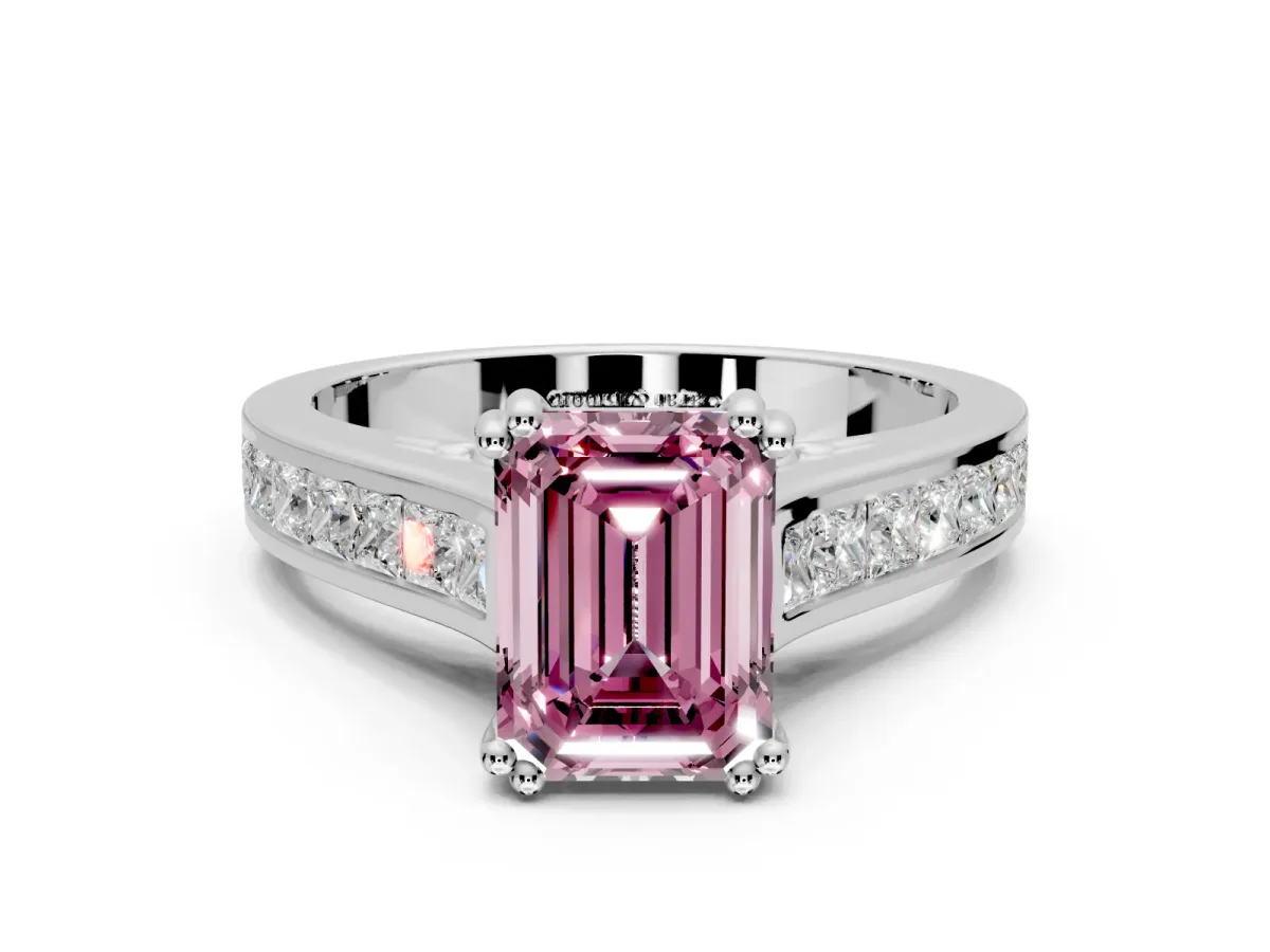 Solitaire Engagement Ring Setting for Fancy Pink Emerald Cut Center with Channel Band and Double Claw Prong Head in Sterling Silver