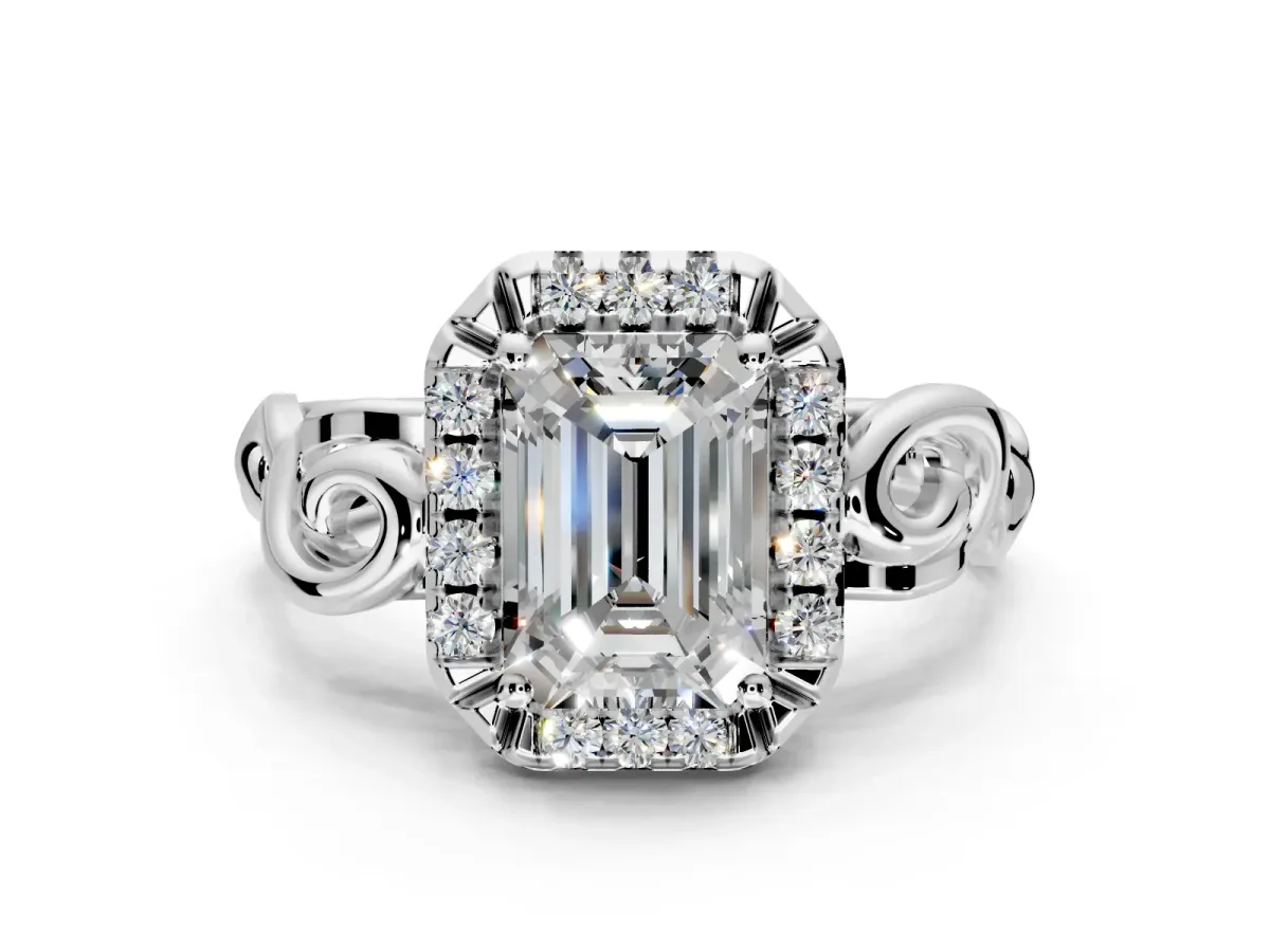 Halo Engagement Ring Setting for Emerald Cut Center with Open Scroll Shoulders and Prong Head in Sterling Silver