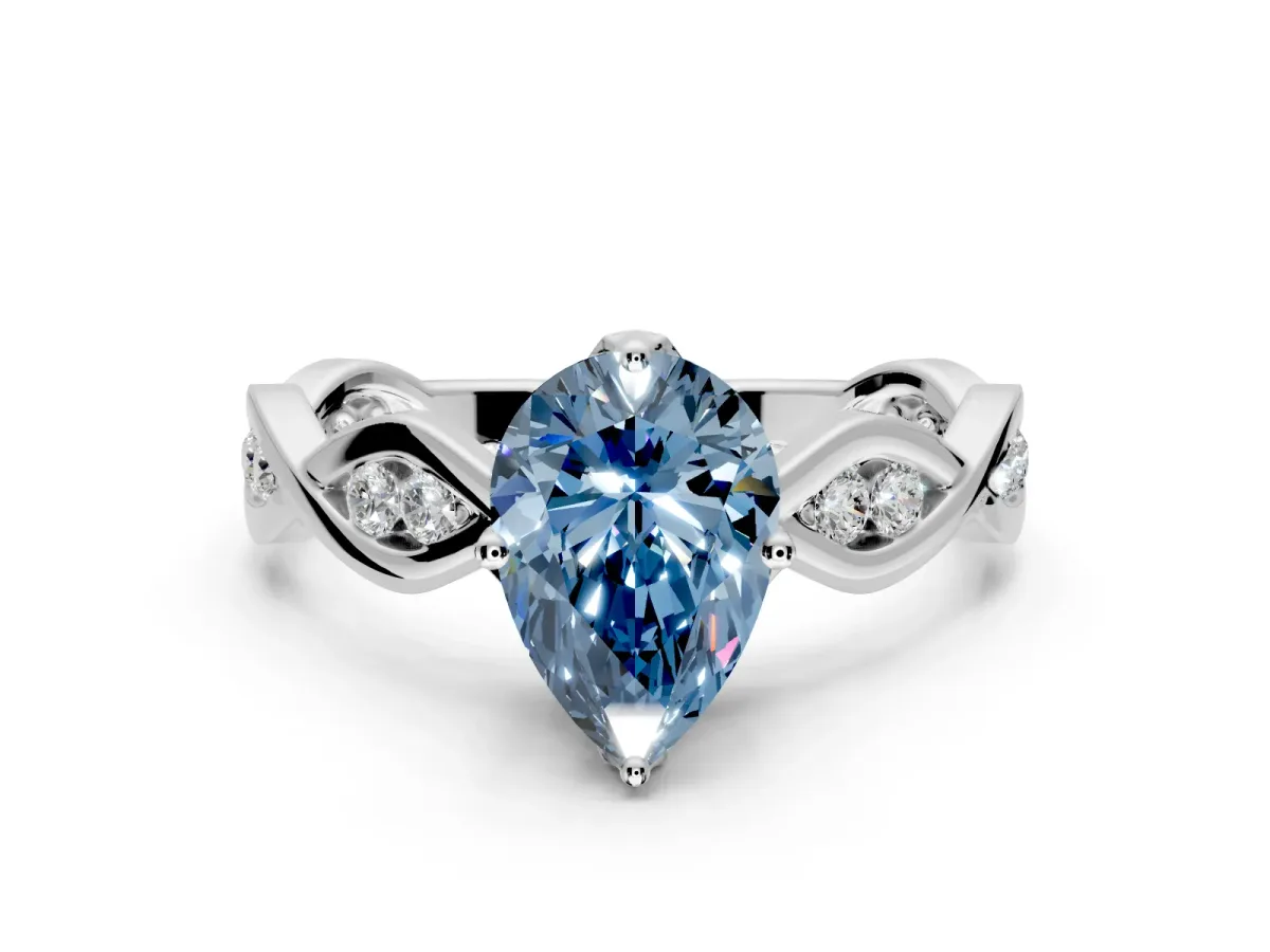 Solitaire Engagement Ring Setting for Fancy Blue Pear-Shaped Center with Accented Twist Band and Leaf Prong Head in Sterling Silver