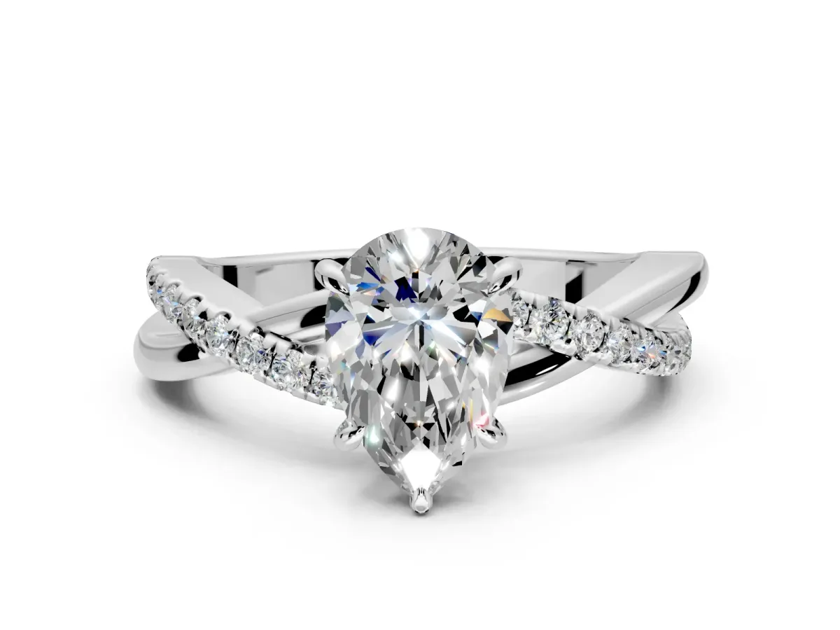 Crossover Engagement Ring Setting for Pear-Shaped Center with Pave and Plain Strands and Prong Head in White Gold