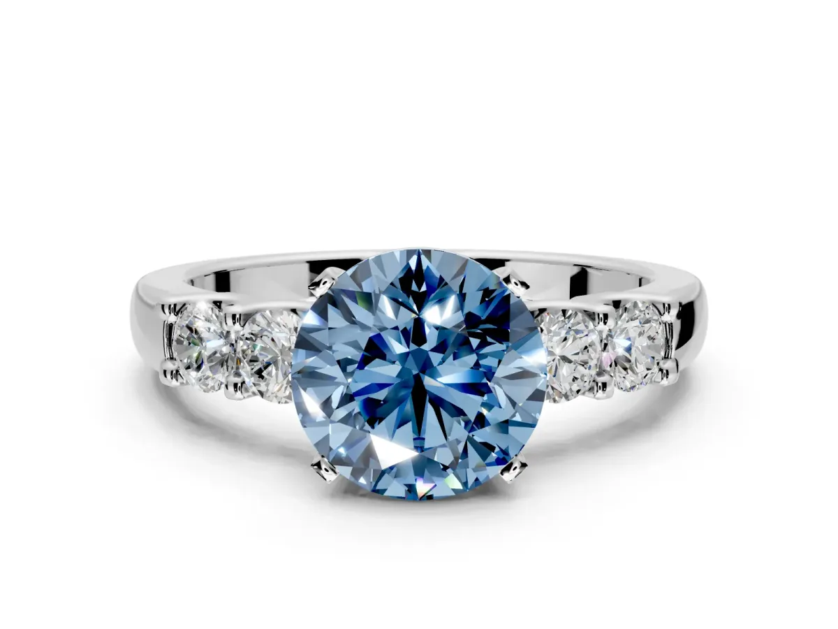 5 Stone Engagement Ring Setting for Fancy Blue Round Cut Center with Plain Band and Prong Head in White Gold
