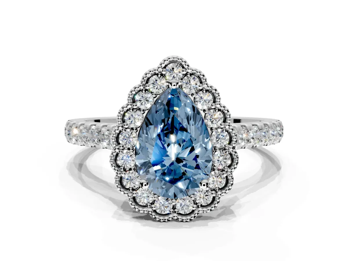 Milgrain Floral Halo Engagement Ring Setting for Fancy Blue Pear-Shaped Center with Pave Band and Prong Head in Sterling Silver
