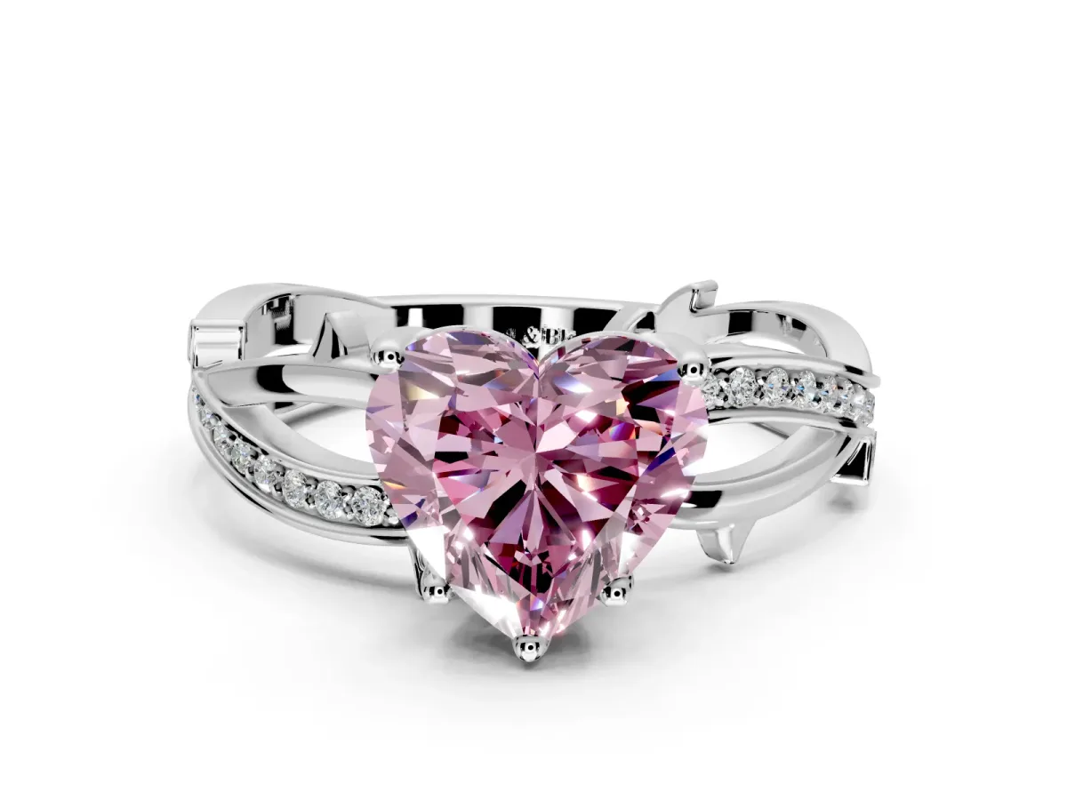 Solitaire Engagement Ring Setting for Fancy Pink Heart-Shaped Center with Pave and Plain Crossover Band and Prong Head in Platinum