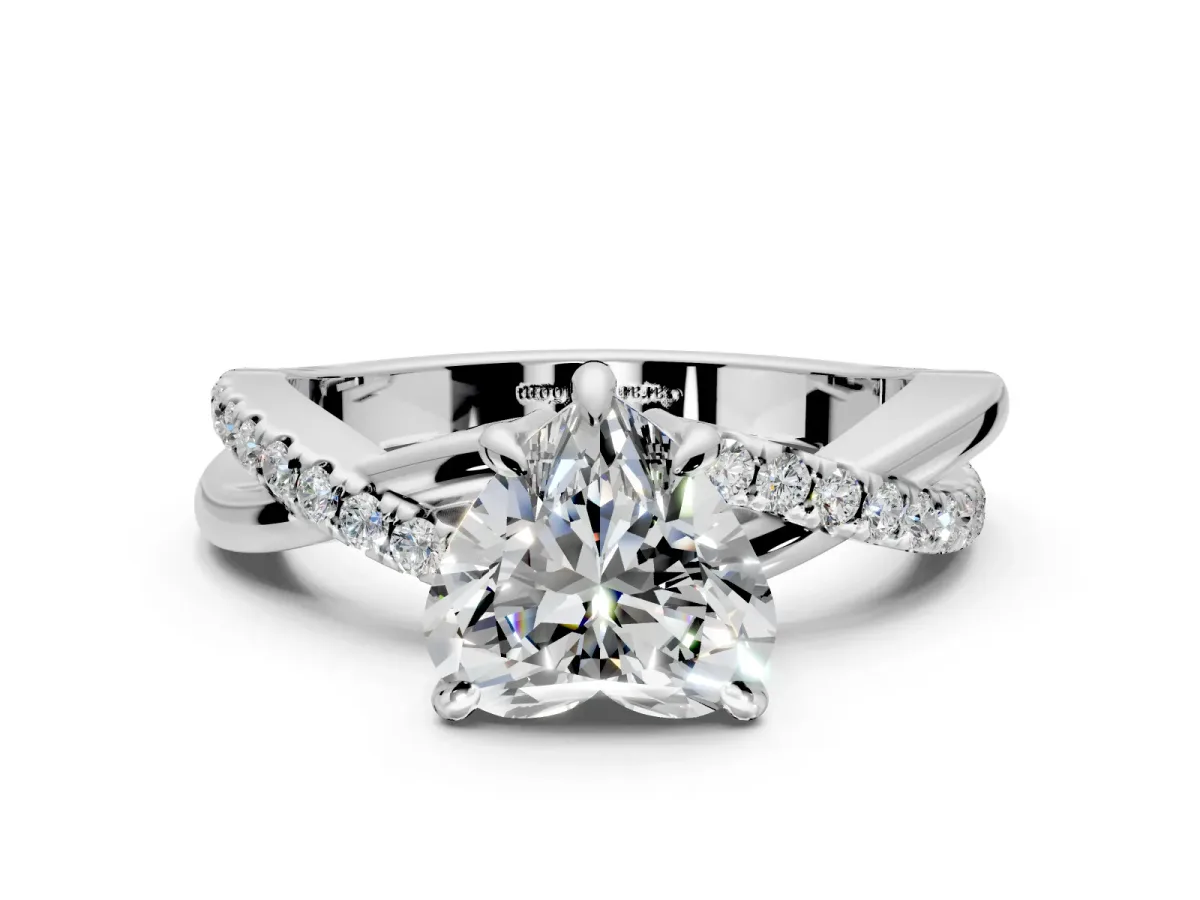 Solitaire Engagement Ring Setting for Heart-Shaped Center with Half-Pave Crossover Band and Prong Head in White Gold