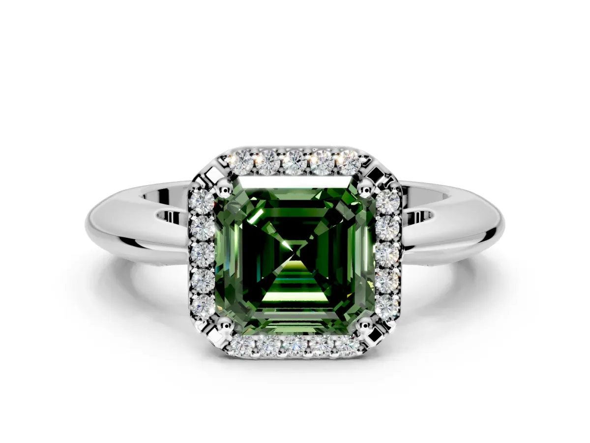 Halo Engagement Ring Setting for Fancy Green Asscher Cut Center with Tapered Plain Band and Prong Head in Sterling Silver