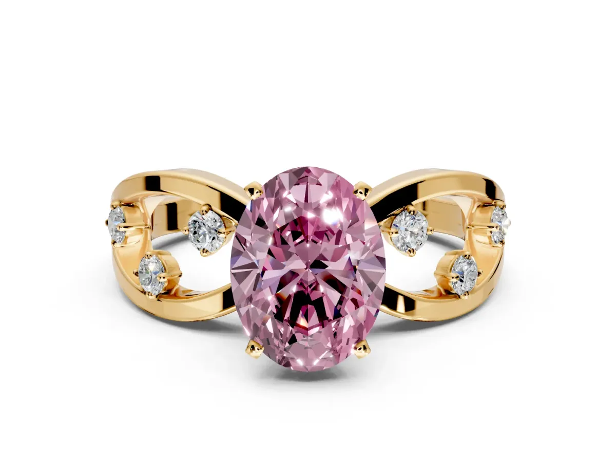 Solitaire Engagement Ring Setting for Fancy Pink Oval Center with Criss-Cross Accent Band and Prong Head in Yellow Gold
