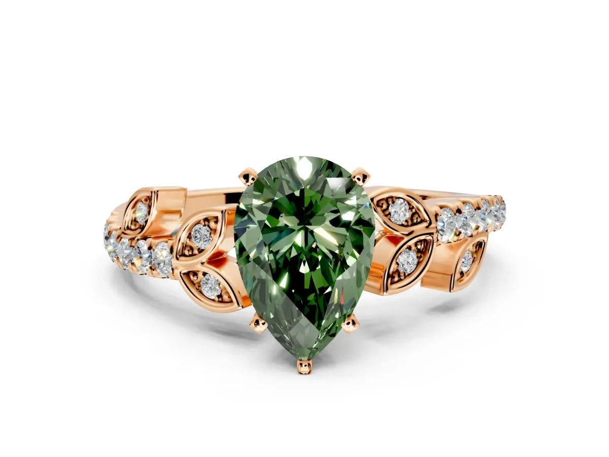 Leaf Motif Engagement Ring Setting for Fancy Green Pear-Shaped Center with Pave Band and Prong Head in Rose Gold