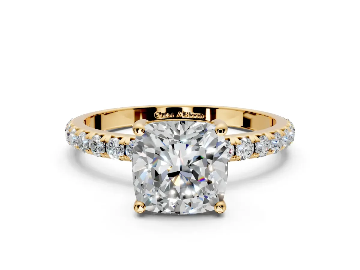 Solitaire Engagement Ring Setting for Cushion Cut Center with Micro Pave Band and Prong Head in Yellow Gold