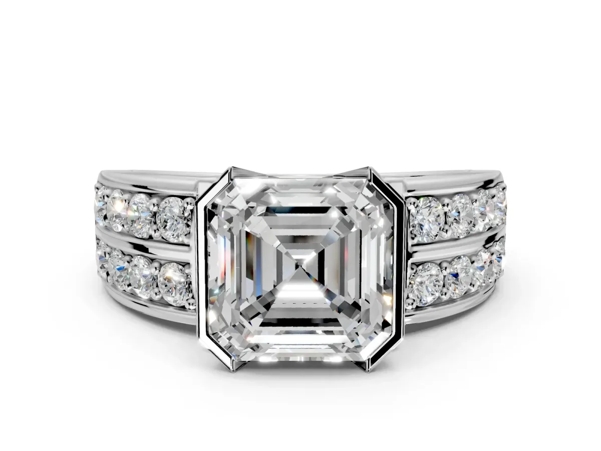 Bezel Engagement Ring Setting for Asscher Cut Center with Wide Channel-Set Band and Bezel Head in Platinum