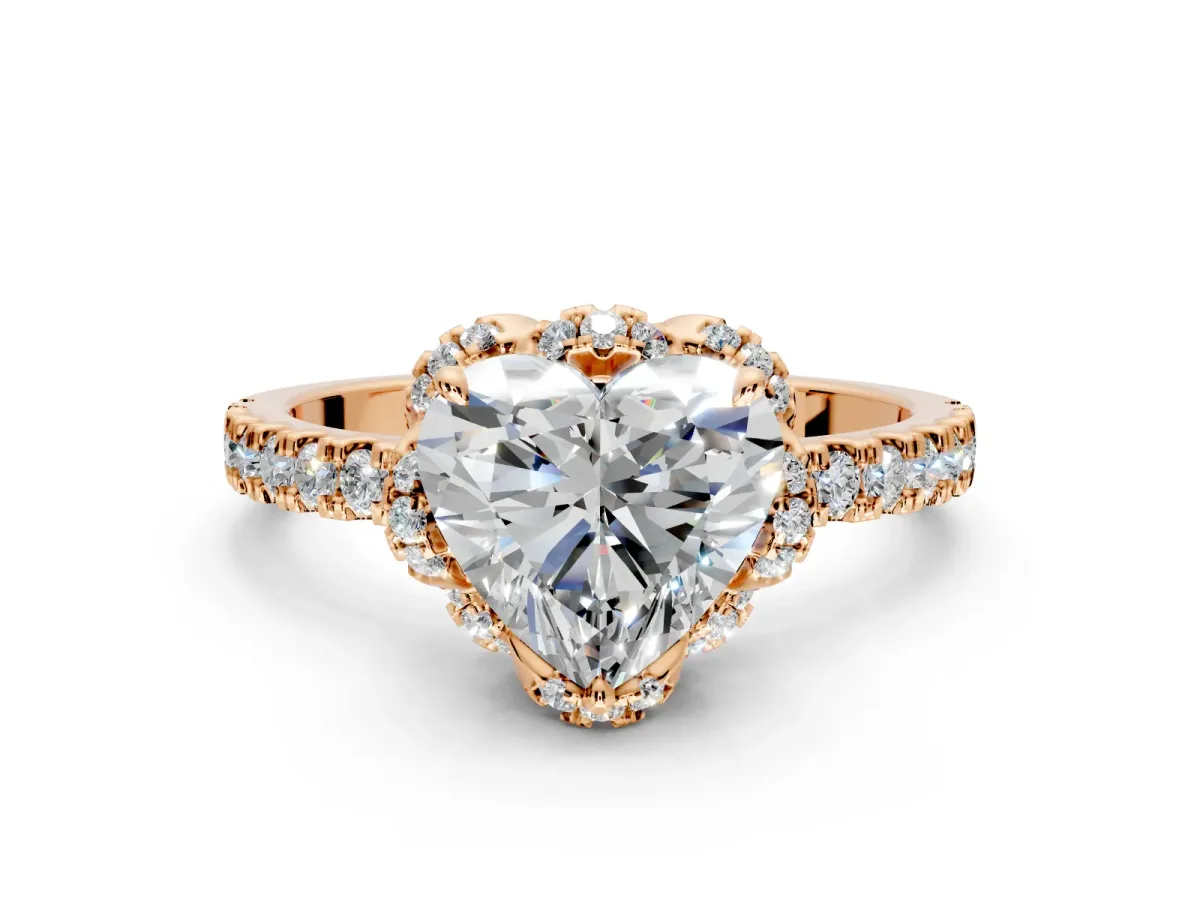 Halo Engagement Ring Setting for Heart-Shaped Center with Openwork Halo, Pave Band and Prong Head in Rose Gold