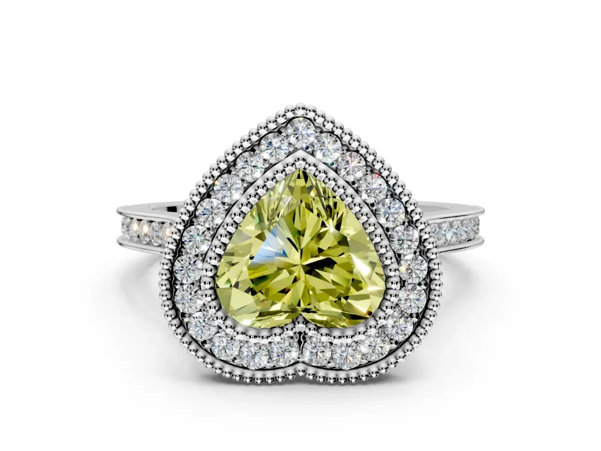 Halo Engagement Ring Setting for Fancy Yellow Heart-Shaped Center with Milgrain Frame, Pave Band and Prong Head in Platinum