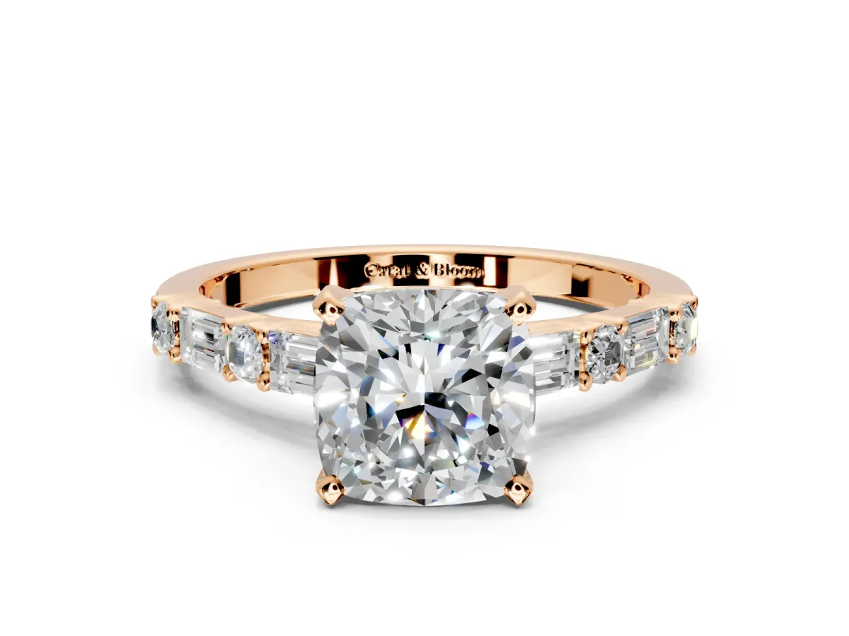 Baguette Engagement Ring Setting for Cushion Cut Center with Alternating Bar-Set Band and Prong Head in Rose Gold