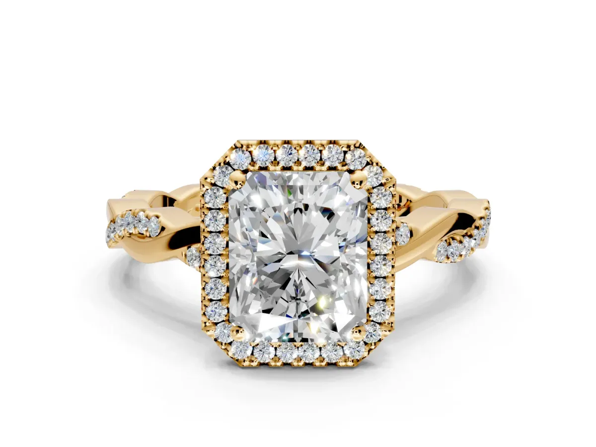 Halo Engagement Ring Setting for Radiant Cut Center with Pave and Plain Twist Band and Prong Head in Yellow Gold