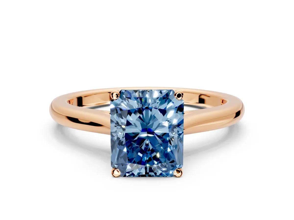 Solitaire Engagement Ring Setting for Fancy Blue Radiant Cut Center with Narrow Cathedral Band and Prong Head in Rose Gold