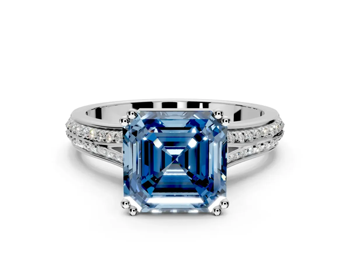 Solitaire Engagement Ring Setting for Fancy Blue Asscher Cut Center with Pave Rail Split Shank and Prong Head in White Gold