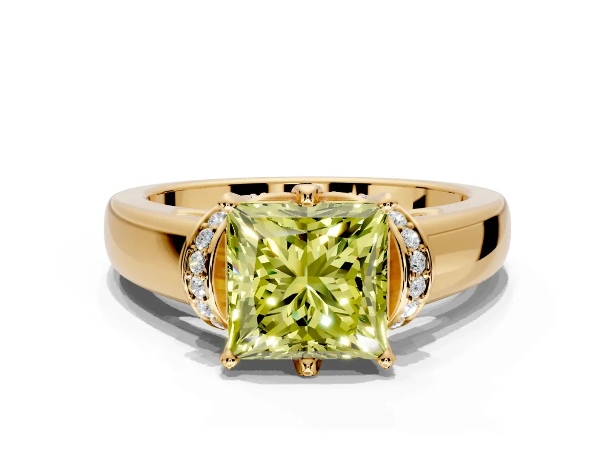 Solitaire Engagement Ring Setting for Fancy Yellow Princess Cut Center with Wide Band, Pave Collar and Prong Head in Yellow Gold