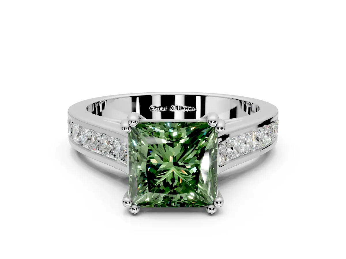 Solitaire Engagement Ring Setting for Fancy Green Princess Cut Center with Channel Band and Double Claw Prong Head in White Gold