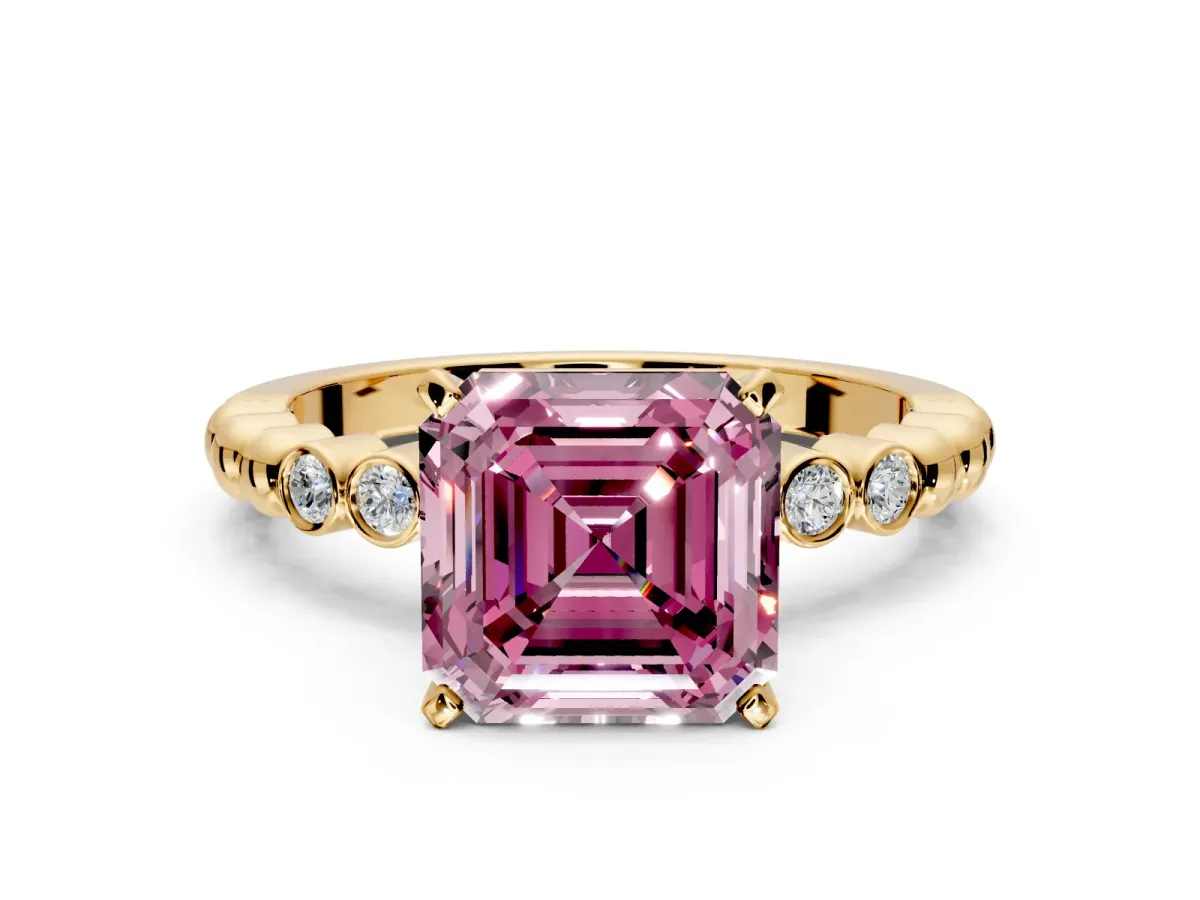 Solitaire Engagement Ring Setting for Fancy Pink Asscher Cut Center with Bezel-Dot Beaded Band and Prong Head in Yellow Gold