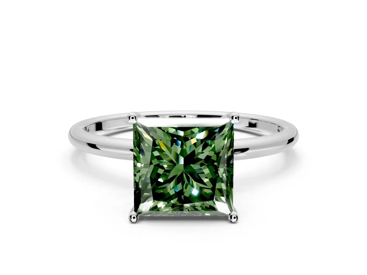Solitaire Engagement Ring Setting for Fancy Green Princess Cut Center with Straight Thin Band and Prong Head in Platinum