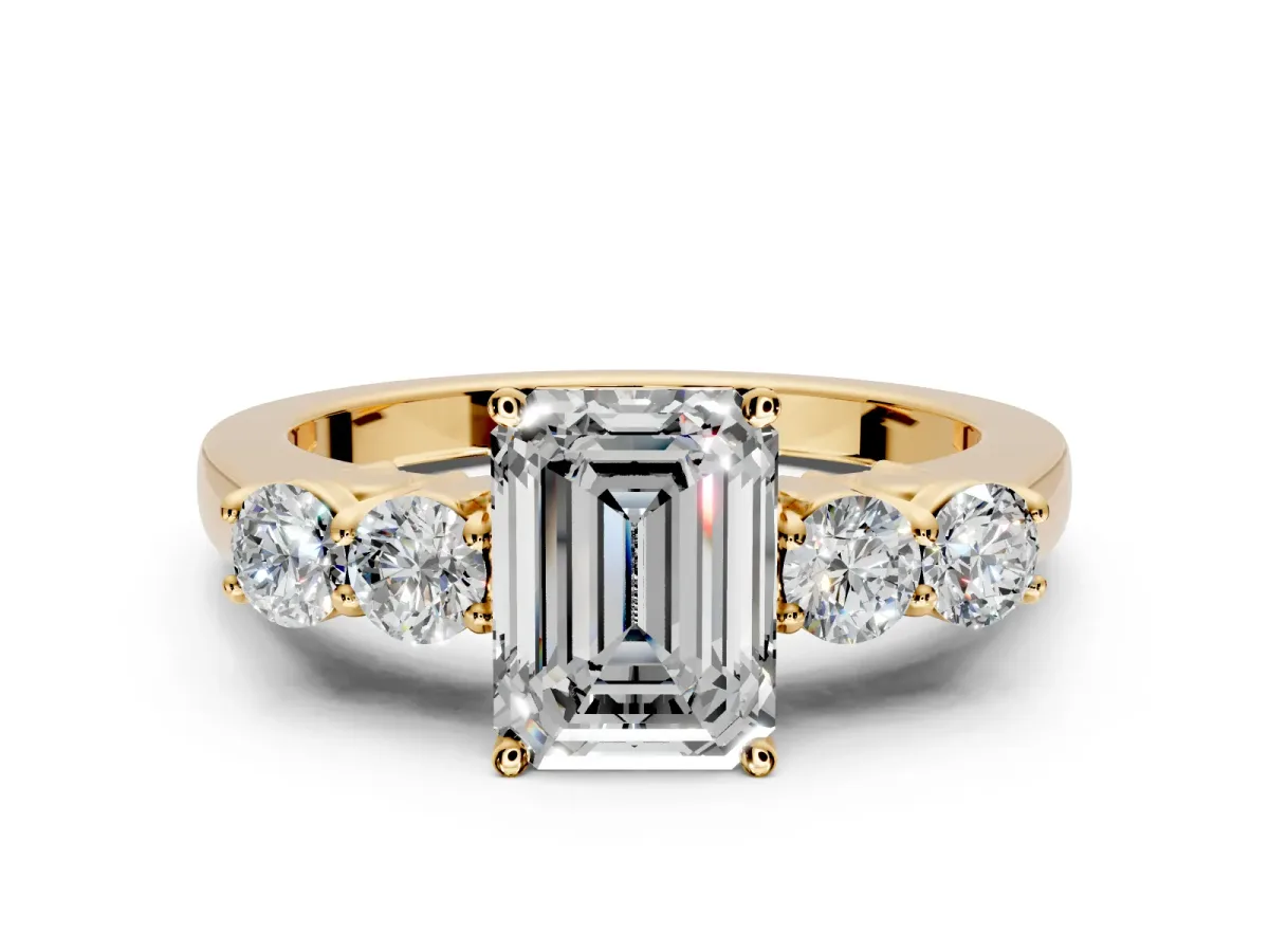 5 Stone Engagement Ring Setting for Emerald Cut Center with Equal Close-Set Accents and Prong Head in Yellow Gold