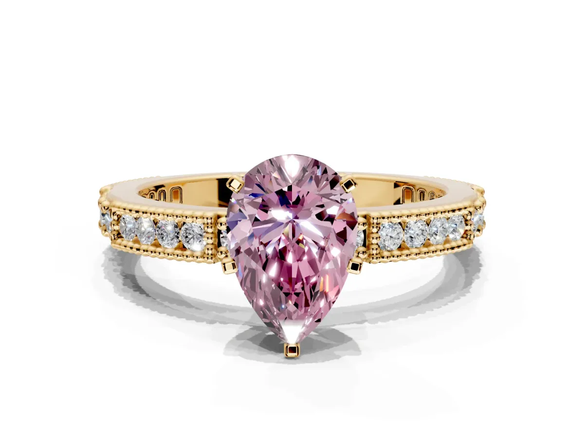 Solitaire Engagement Ring Setting for Fancy Pink Pear-Shaped Center with Milgrain-Edged Pave Band and Prong Head in Yellow Gold