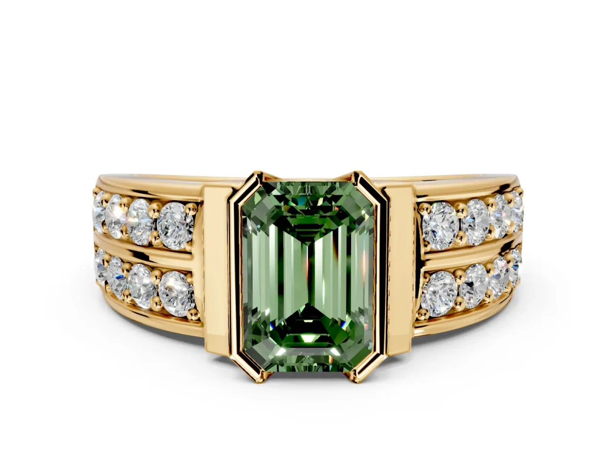 Bezel Engagement Ring Setting for Fancy Green Emerald Cut Center with Wide Channel-Set Band and Bezel Head in Yellow Gold