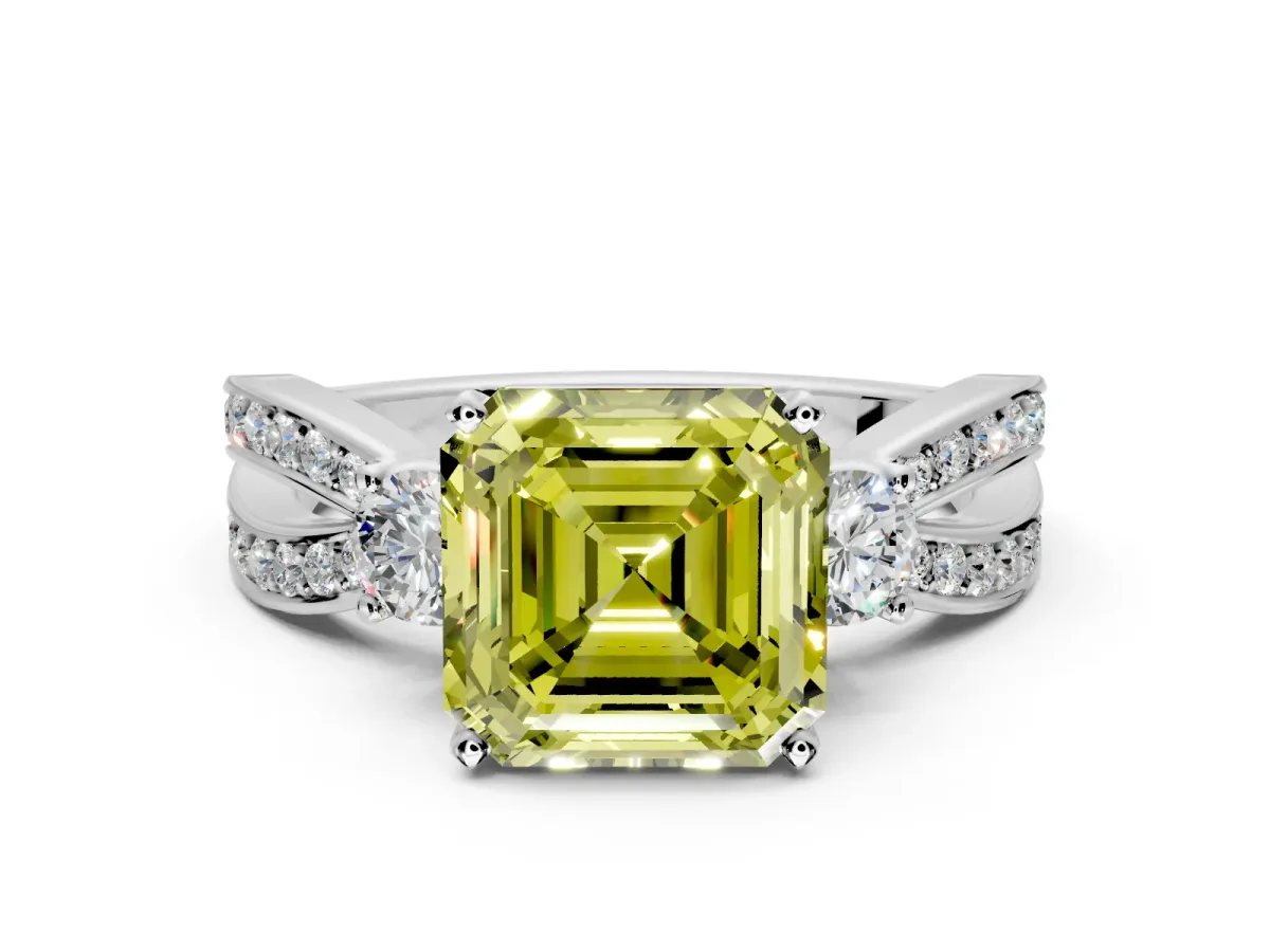 3 Stone Engagement Ring Setting for Fancy Yellow Asscher Cut Center with Pave Twist Band and Prong Head in Sterling Silver