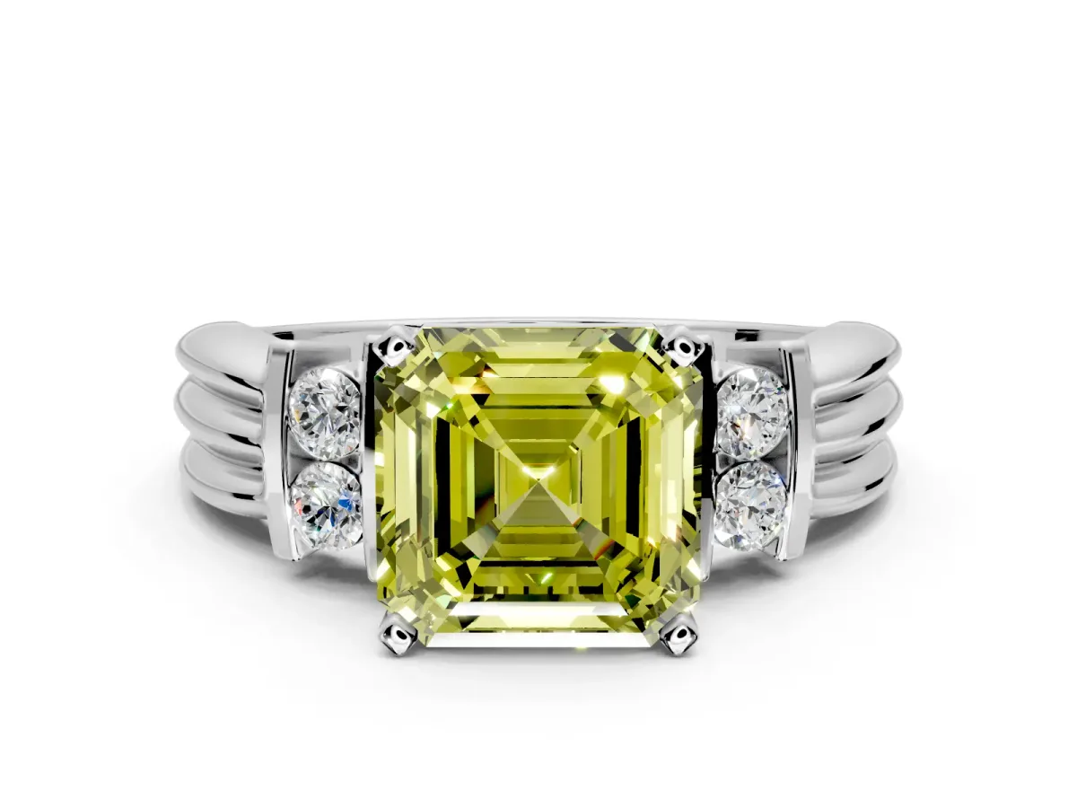 Solitaire Engagement Ring Setting for Fancy Yellow Asscher Cut Center with Grooved Bar Accent Band and Prong Head in Platinum