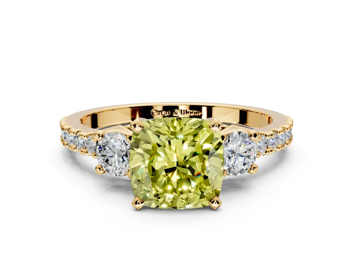3 Stone Engagement Ring Setting for Fancy Yellow Cushion Cut Center with Round Cut Side Accents and Prong Head in Yellow Gold