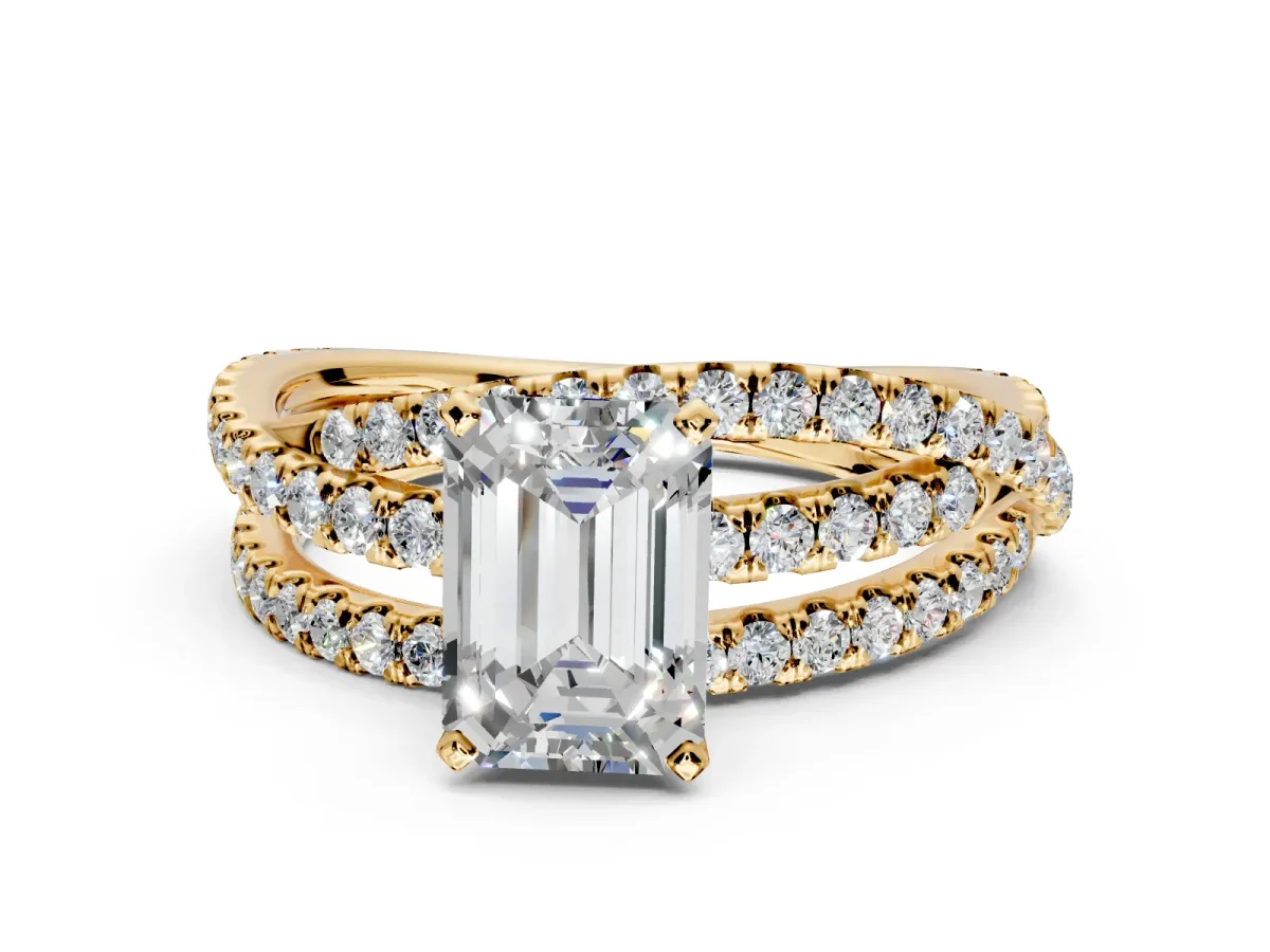 Solitaire Engagement Ring Setting for Emerald Cut Center with Woven 3-Strand Pave Band and Prong Head in Yellow Gold