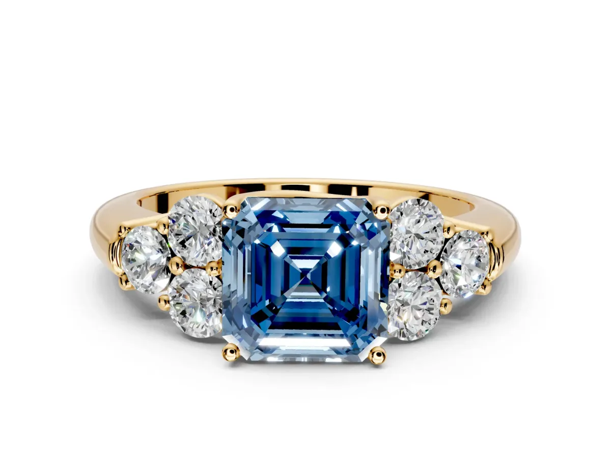 Cluster Engagement Ring Setting for Fancy Blue Asscher Cut Center with Round Cut Accent Frame and Prong Head in Yellow Gold
