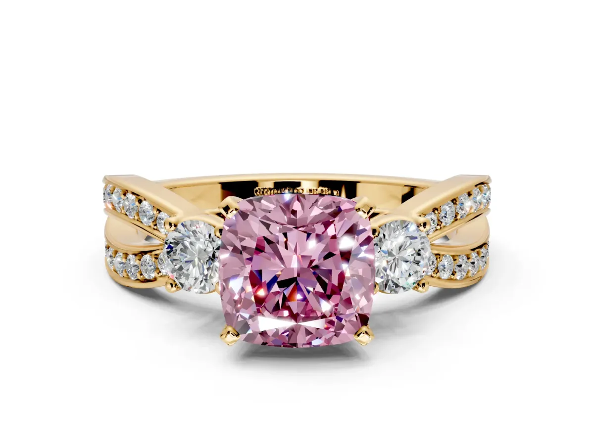 3 Stone Engagement Ring Setting for Fancy Pink Cushion Cut Center with Pave Twist Band and Prong Head in Yellow Gold