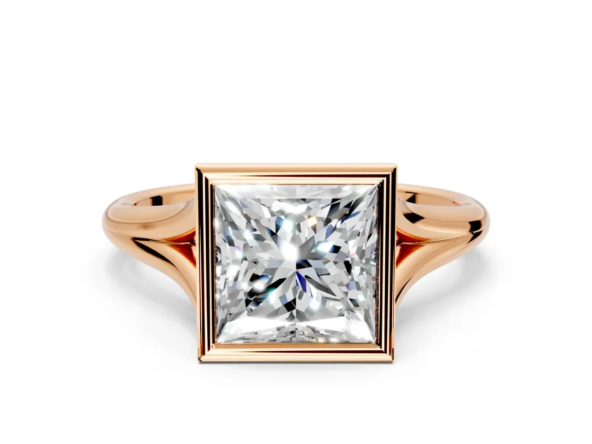 Solitaire Engagement Ring Setting for Princess Cut Center with V Split Shank and Bezel Head in Rose Gold