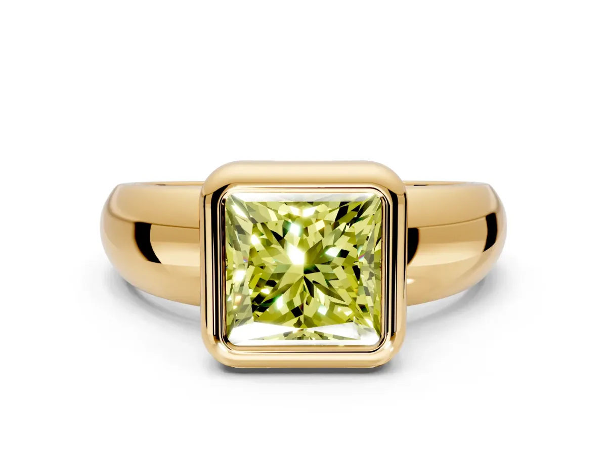 Solitaire Engagement Ring Setting for Fancy Yellow Princess Cut Center with Wide Band and Bezel Head in Yellow Gold