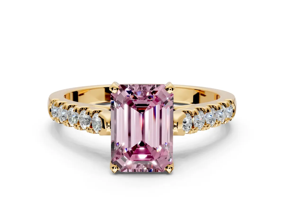 Solitaire Engagement Ring Setting for Fancy Pink Emerald Cut Center with Partway Pave Band and Prong Head in Yellow Gold