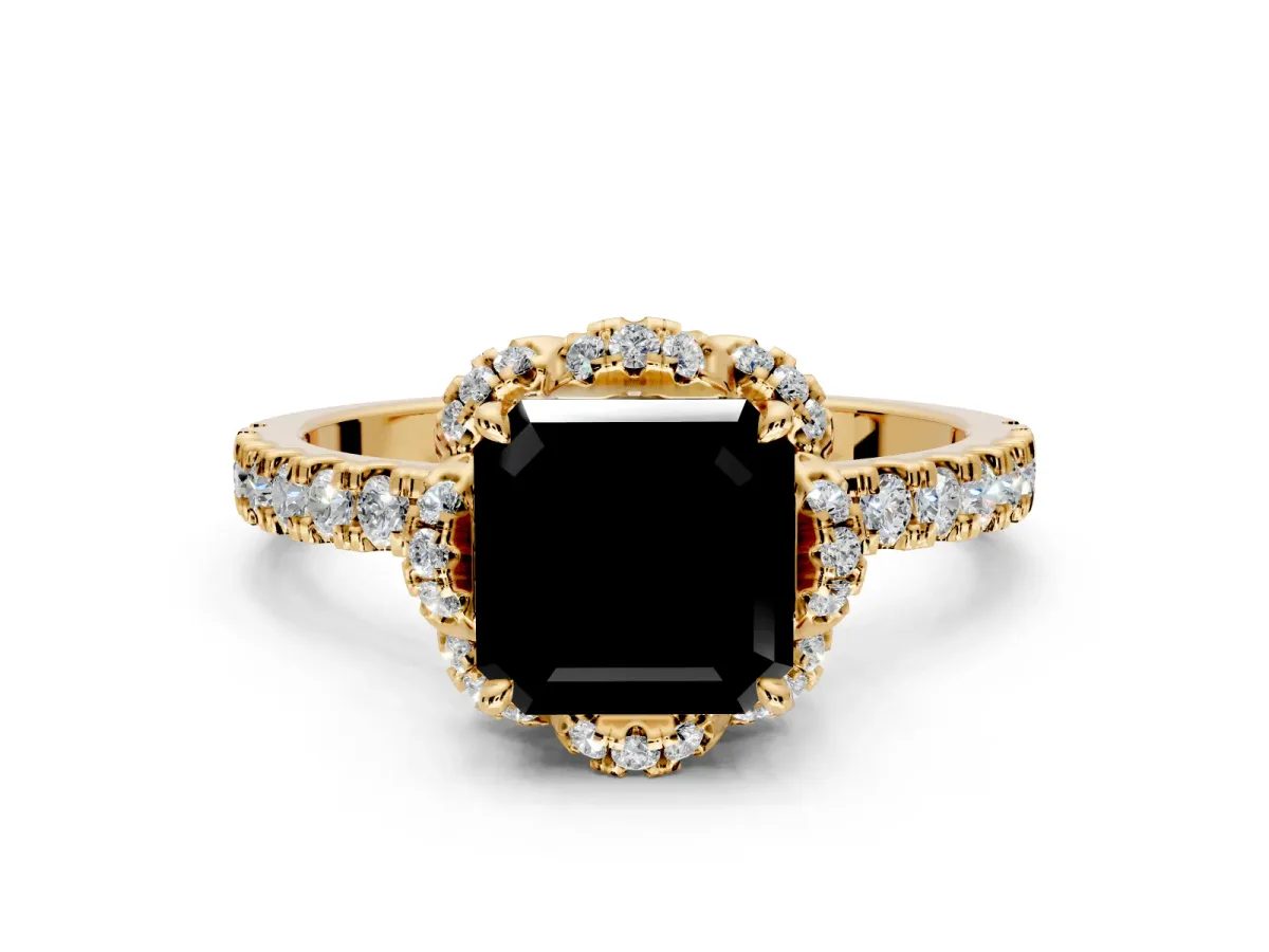 Floral Halo Engagement Ring Setting for Fancy Black Asscher Cut Center with Pave Band and Prong Head in Yellow Gold