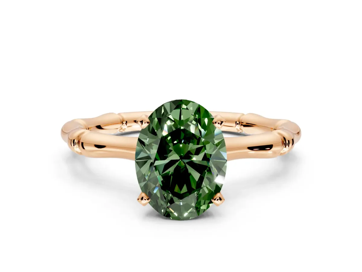 Solitaire Engagement Ring Setting for Fancy Green Oval Center with Bamboo Band and Prong Head in Rose Gold
