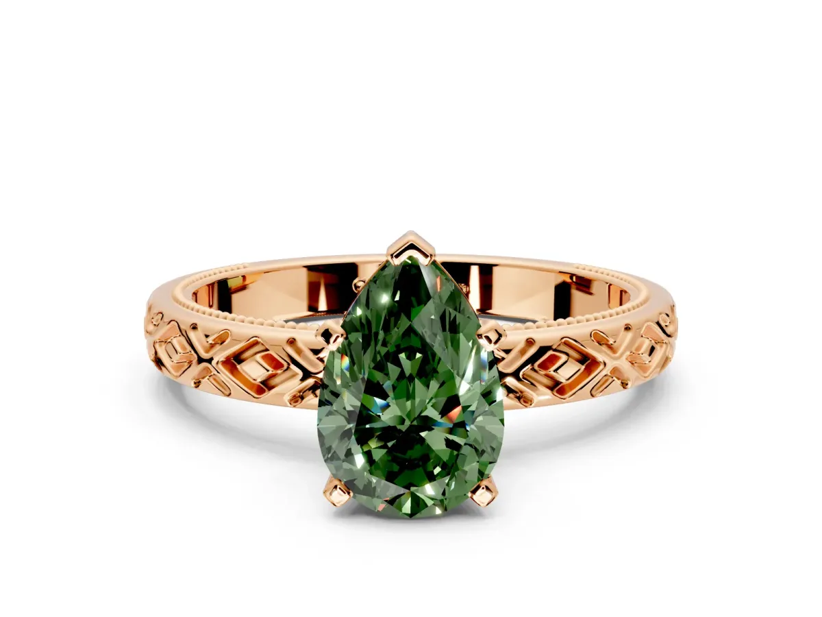 Solitaire Engagement Ring Setting for Fancy Green Pear-Shaped Center with Milgrain X Pattern Band and Prong Head in Rose Gold