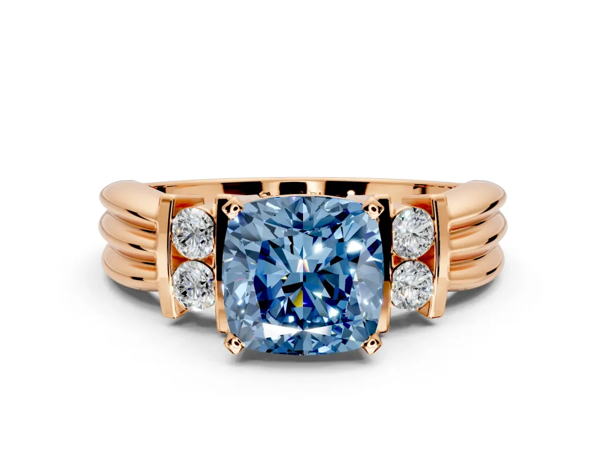 Solitaire Engagement Ring Setting for Fancy Blue Cushion Cut Center with Grooved Bar Accent Band and Prong Head in Rose Gold